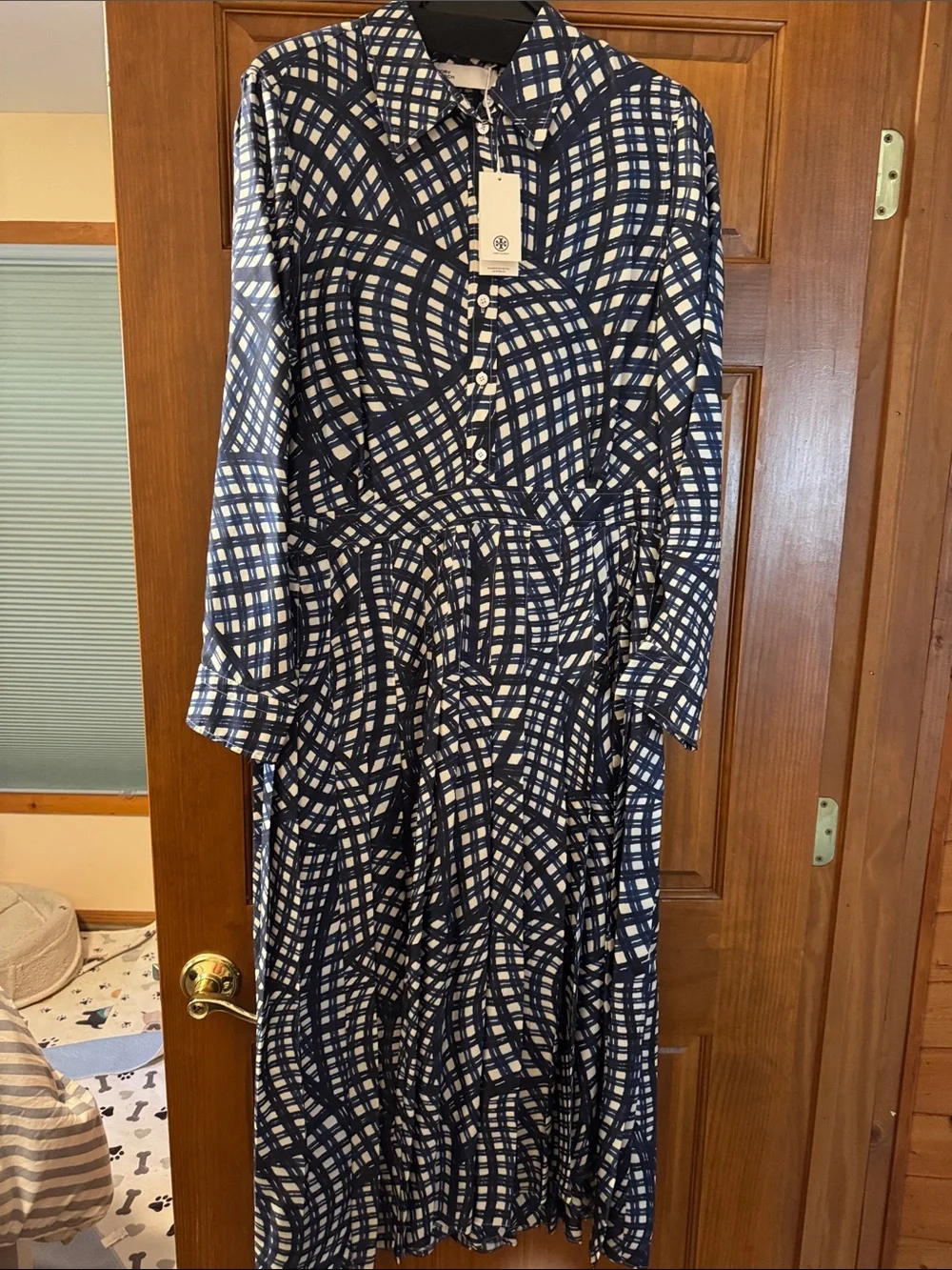 Tory Burch Navy Warped Gingham and White Long Sleeve Shirt Dress NWT
